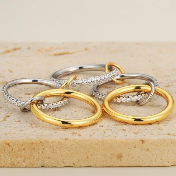 Gold Rings for Women Non Tarnish, 18K Gold Plated Interlocked Stackable Rings, T - Picture 4 of 7
